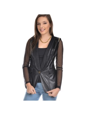 SİYAH DERİ KOLLARI TÜL BAYAN CEKET